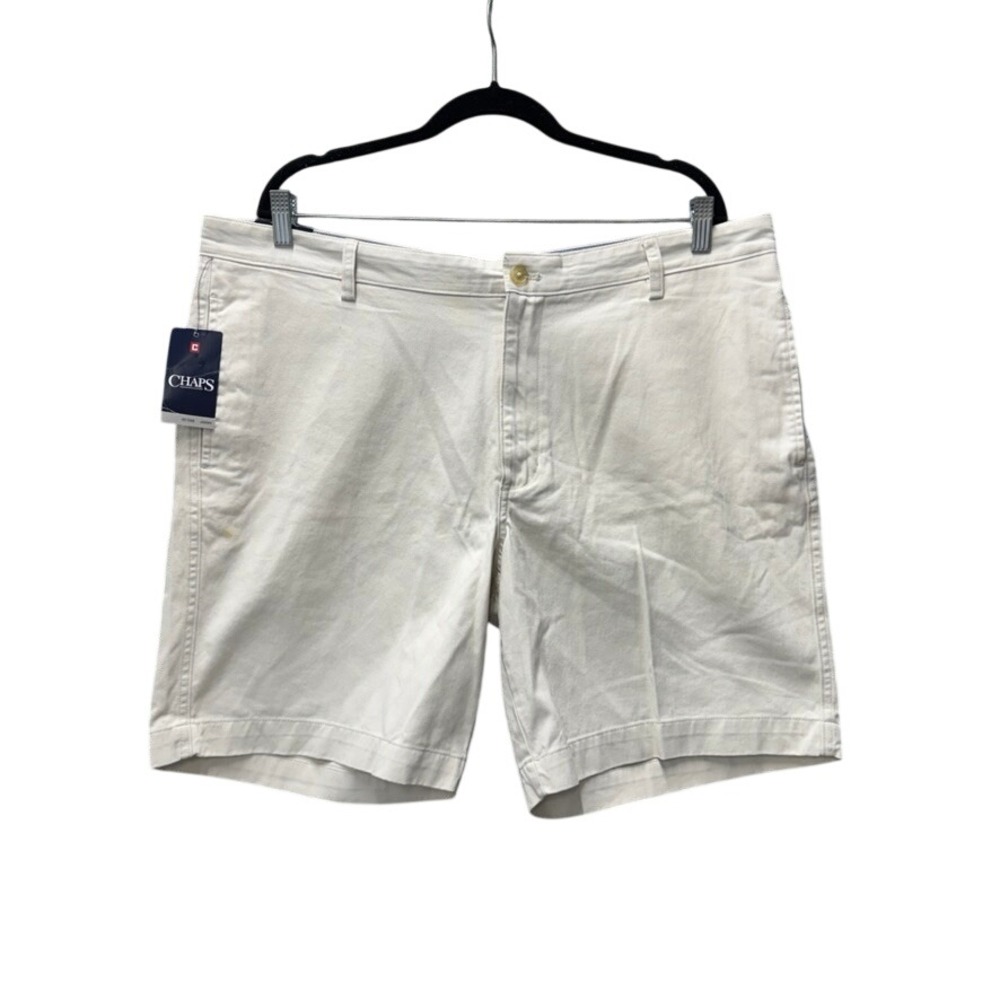 NWT Chaps Mens Washed Twill Chino Shorts Stone Beige Flat Front 40 Waist 9Ins